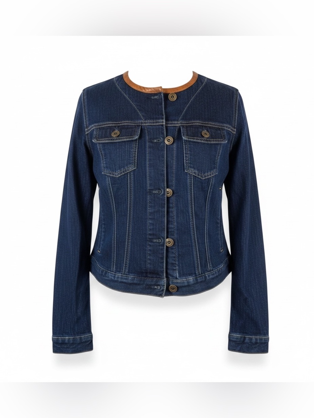 Lauren Ralph Lauren XS‎ dark blue wash brown leather trim jean jacket